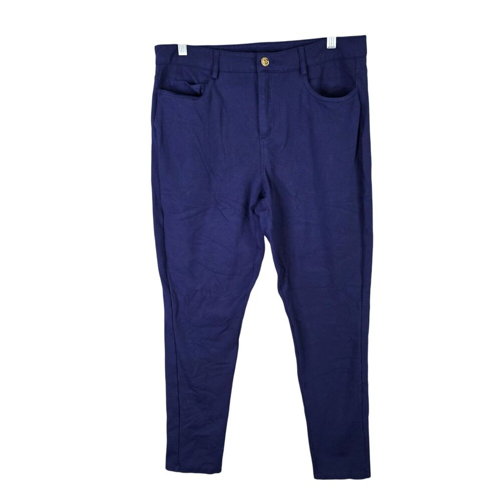 Womens Michael Kors Navy Stretch Pants Viscose Blend Gold Button Slim Fit Size L